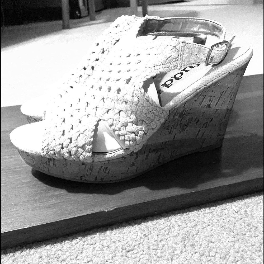 Macram’e wedged sandal. Never been worn.